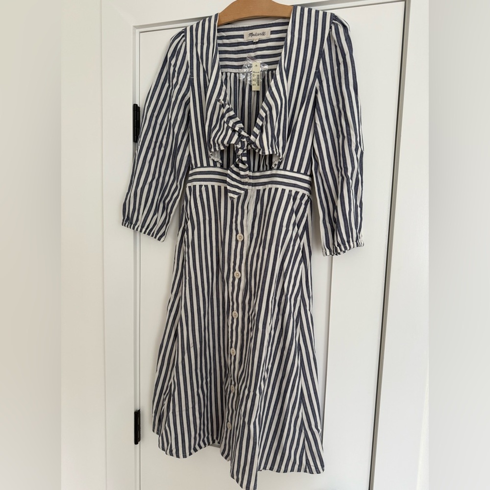 Madewell Striped Button-Down Dress with Tie Neck madewell brand dress size 0